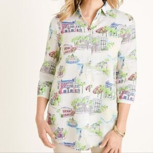 Chico's 100% Linen Novelty City Print Sz 3 Long Sleeve Button Down Front Blouse